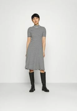 Bon marché ⌛ Zign Short Sleeves Flared Basic Midi 👗 Dress - Robe En Jersey - Black/offwhite 🥰
